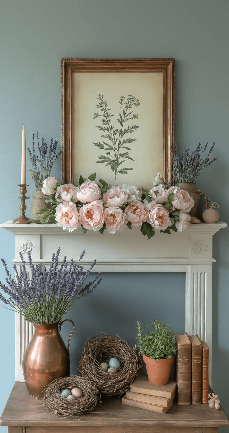 A cozy cottage-style mantel featuring a vintage botanical print mirror, surrounded by spring elements including cascading artificial peonies in an antique copper pitcher, dried lavender bundles, a bird nest with decorative eggs, vintage leather-bound books, brass candlesticks, and a terracotta pot of fresh rosemary, all bathed in warm morning light against a soft blue-gray wall.