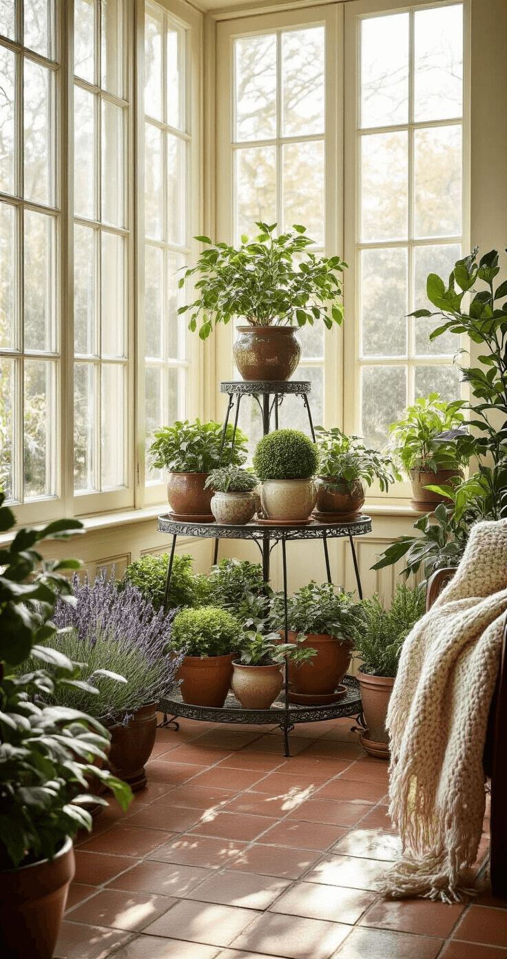 Ultra-realistic interior scene of a sunlit winter conservatory featuring layered ceramic pots with hardy plants like Japanese maple and lavender, soft northern light through frosted windows, shadows on terracotta tiles, wrought iron plant stand, rich plant tones against cream walls, cozy wool throw, and macro detail of frost-kissed leaves.
