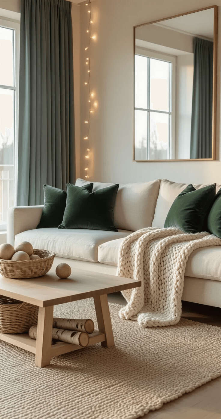 A minimalist living room with cream walls featuring a light cream sofa draped with a taupe knit throw and dark green pillows, large windows with icy blue curtains, natural wood coffee table with birch logs, and ambient string lights above a mirror, all illuminated by warm golden hour light.
