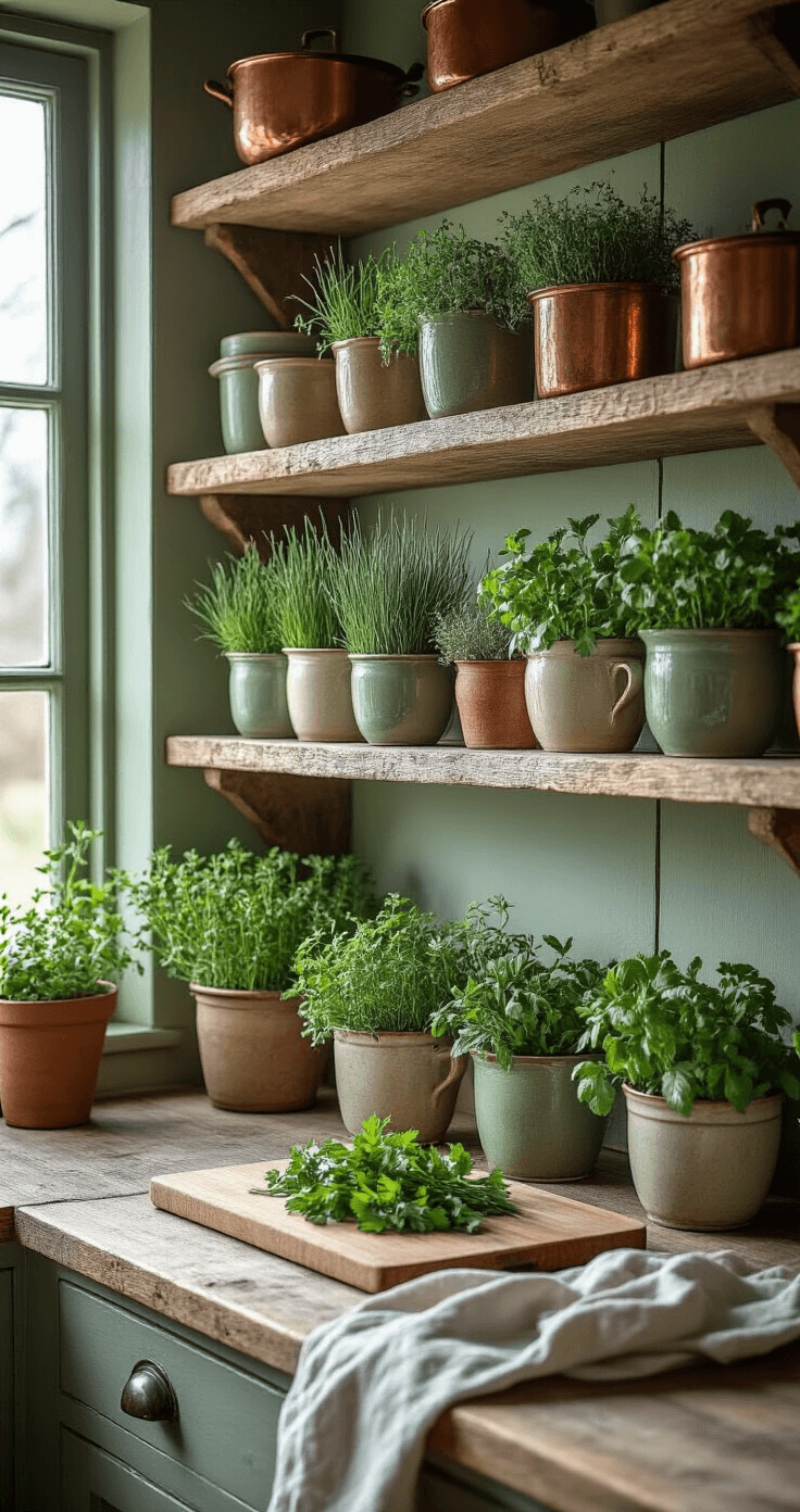 Moody farmhouse kitchen with rustic wooden shelving displaying vintage ceramic pots of chives, mint, and parsley, bathed in early morning winter light through mullioned windows; featuring muted sage green walls, hanging copper cookware, and a weathered cutting board with fresh herbs, styled for a farm-to-table aesthetic.