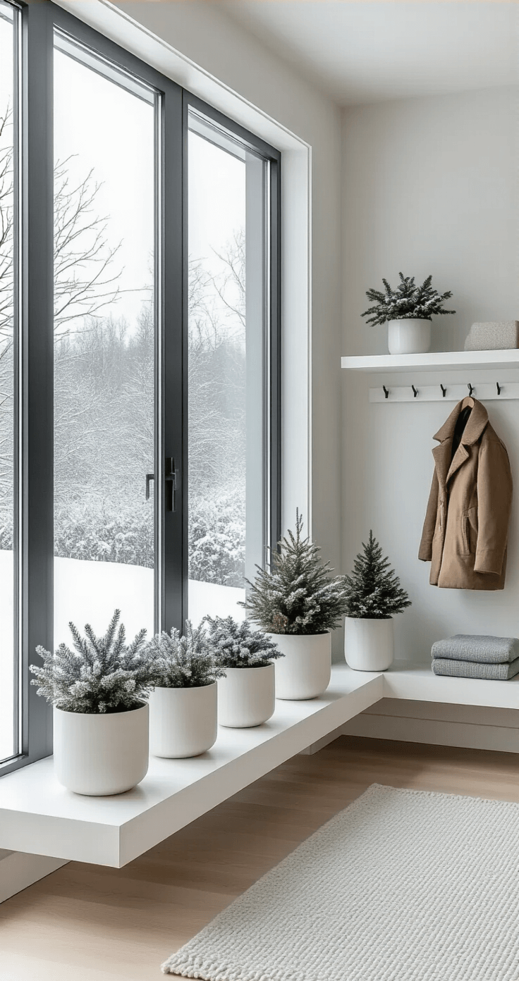 A Scandinavian minimalist entryway featuring a curated winter container garden in white ceramic pots, with large floor-to-ceiling windows showcasing a snow-covered landscape, pale ash wood flooring, a soft gray wool rug, and a modern coat rack, all captured in ultra-detailed architectural photography style.