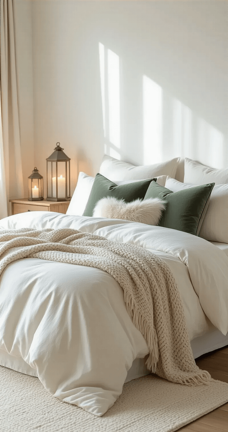 Intimate bedroom scene featuring a bed in winter whites and neutrals, layered with a white cotton sheet, cream duvet, and tan knit throw. Velvet pillows in muted sage green and soft gray, a faux fur accent pillow, and warm candlelight from lanterns on a wooden side table enhance the cozy atmosphere. Natural wood floors are complemented by a large cream area rug, with soft morning light filtering through sheer curtains.