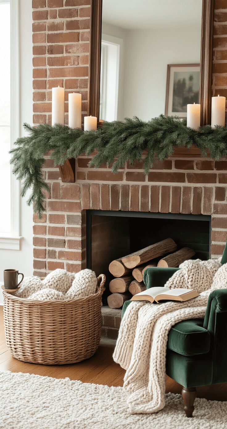Cozy interior featuring a vintage brick fireplace filled with birch logs and surrounded by a woven basket of chunky knit throws. A dark green velvet armchair and wooden side table with a mug and book nearby. Evergreen garland and white candles adorn the mantel, while a large antique mirror reflects warm ambient lighting in a softly lit room with hardwood floors and a natural fiber rug.
