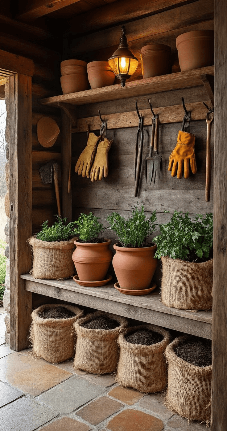 Rustic cabin mudroom featuring ceramic and terracotta pots wrapped in straw and burlap for winter plant protection, vintage wooden shelving with weathered gardening tools, warm amber light from an antique brass sconce, and a stone tile floor in rich earth tones, capturing the essence of cozy garden preparation.