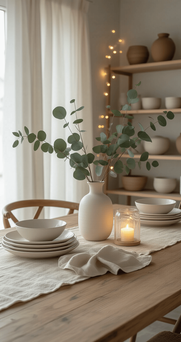 Minimalist dining area with a large wooden table adorned with eucalyptus branches in a white ceramic vase, casual stacked plates, natural linen napkins, warm string lights, large windows with sheer curtains, battery-operated lantern, concrete floor, and a cream wool rug, all illuminated by soft winter light.