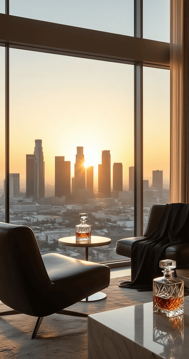 Ultra-wide shot of a luxurious downtown Los Angeles hotel suite during Grammy weekend, featuring modern minimalist decor, floor-to-ceiling windows with golden sunset light, and a panoramic city skyline.