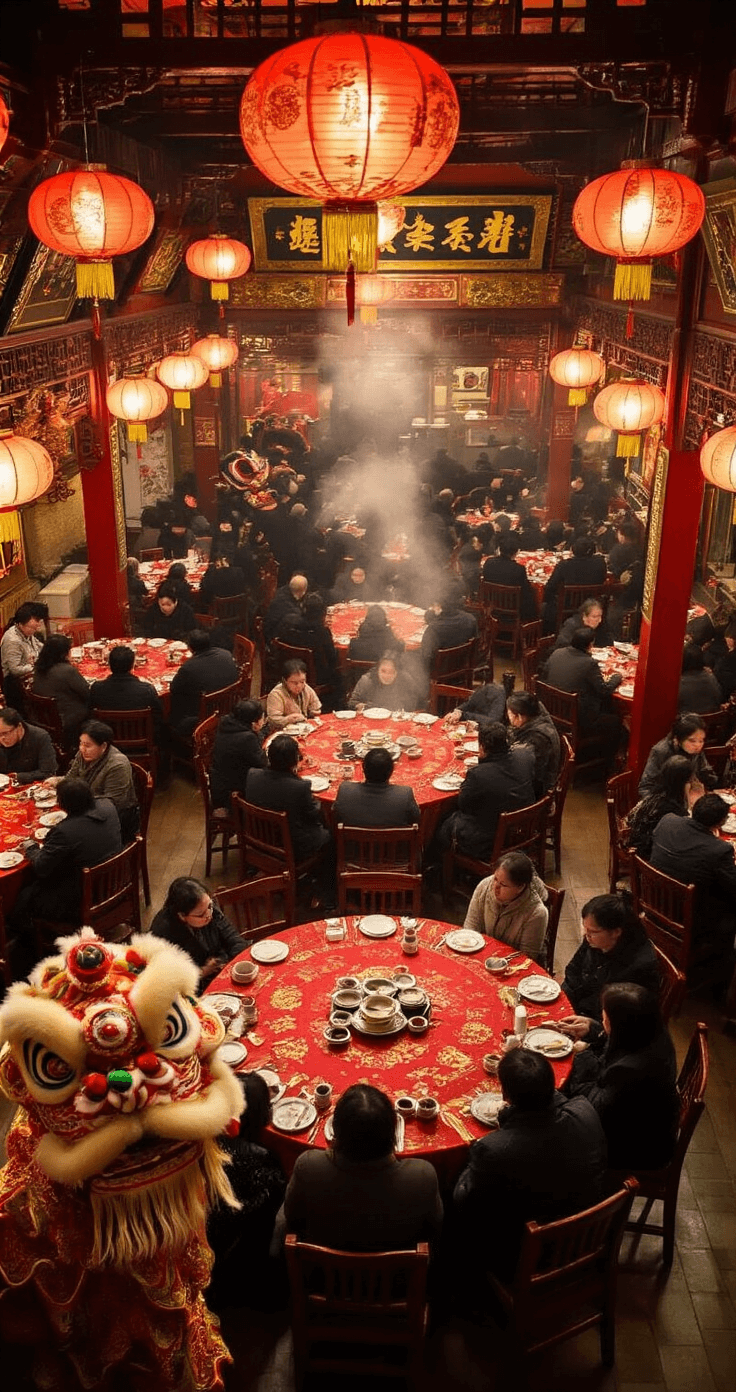 Overhead view of a lively Chinatown restaurant during Lunar New Year, featuring round tables with red and gold tablecloths, vibrant paper lanterns, and a partially visible lion dance costume. Guests enjoy dim sum and tea in a rich color scheme of crimson, gold, and emerald, all under soft diffused lighting.