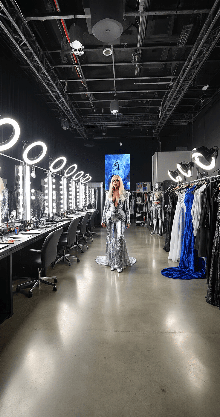 Backstage green room at Crypto.com Arena before a Lady Gaga concert, featuring industrial-chic décor, expansive makeup stations with ring lights, avant-garde costumes on racks, a personal styling area with a mood board, concrete floors, exposed metal beams, and dramatic lighting reflecting off massive mirrors, all showcasing a vibrant array of metallic silver, electric blue, and stark white costume pieces amidst creative chaos.
