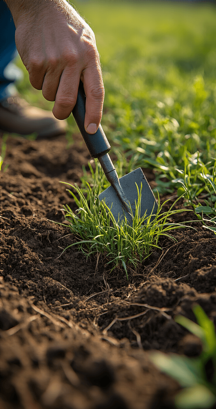 Winter Grass: Everything You Need to Know About Growing Green Lawns in Cold Weather (And Fighting Off Sneaky Weeds) Close-up of a hand weeding annual bluegrass, featuring a specialized tool removing grass clumps with soil and root systems visible. Soft morning light casts dramatic shadows, highlighting the textures of the soil and the tool in an earthy color palette.