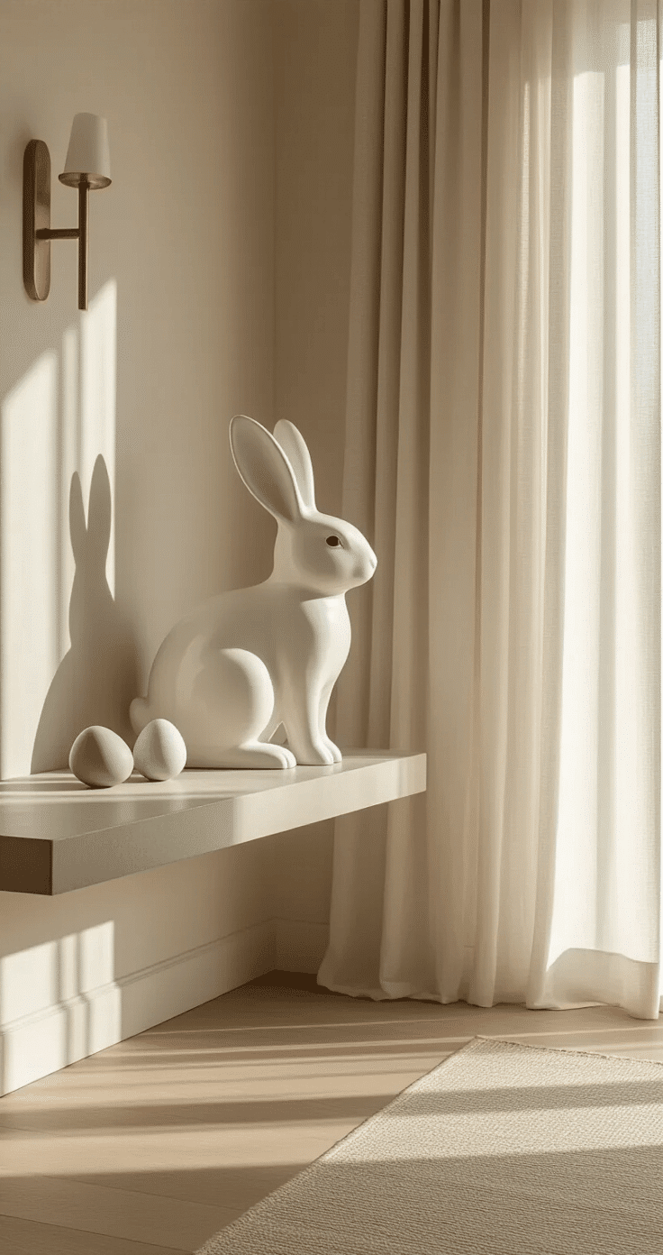 A modern minimalist entryway featuring a large white ceramic bunny sculpture on a sleek console table, with soft morning light filtering through sheer linen curtains, three delicate glass eggs in muted sage and blush beside the bunny, and a weathered oak wood floor, all captured in a wide-angle shot highlighting clean lines and sophisticated seasonal styling.