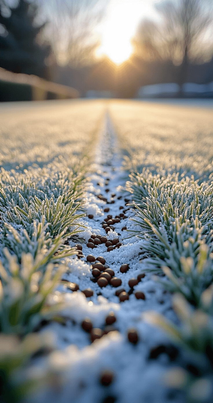 Winter Grass: Everything You Need to Know About Growing Green Lawns in Cold Weather (And Fighting Off Sneaky Weeds) Wide landscape view of a lawn care scene showcasing professional overseeding techniques, featuring a meticulously prepared lawn surface, precise seed distribution, and early germination stages under soft winter light, with earthy tones and botanical details captured in high resolution.