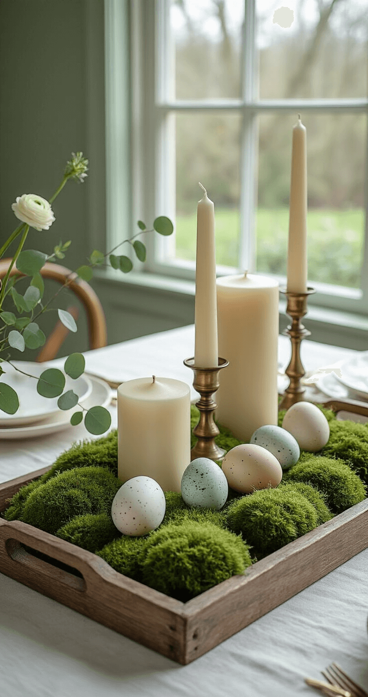 Photorealistic dining room scene featuring a rustic wooden tray with natural moss, speckled ceramic eggs, and unscented ivory pillar candles on a white linen tablecloth. The soft sage green walls complement vintage brass candlesticks and large windows showcasing an early spring garden. A close-up overhead shot highlights textural elements and subtle colors, with ranunculus and eucalyptus stems adding organic movement.