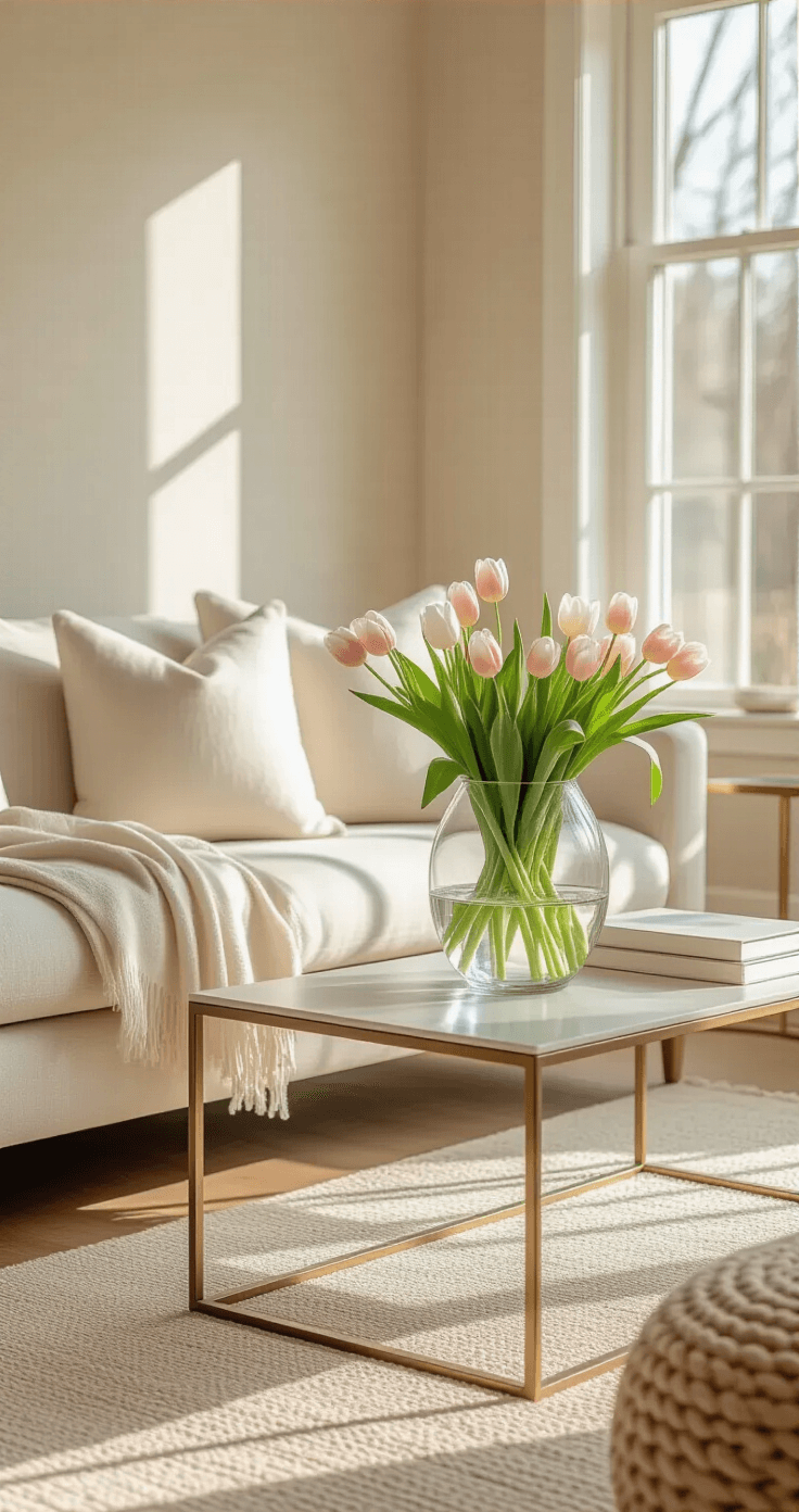 Elegant living room with neutral colors, featuring a low modern coffee table with a vintage glass vase of blush and white tulips, cream linen throw pillows, a brass side table, light oak hardwood floors, and warm late afternoon sunlight casting soft shadows.
