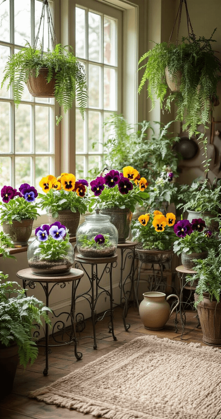 Winter Pansies: Your Secret Weapon for a Garden That Refuses to Quit Cozy conservatory filled with vintage glass terrariums and hanging planters of winter pansies in deep purple, burgundy, and golden yellow, surrounded by wrought iron plant stands and a distressed wooden floor, illuminated by soft afternoon light with botanical elements and antique styling.