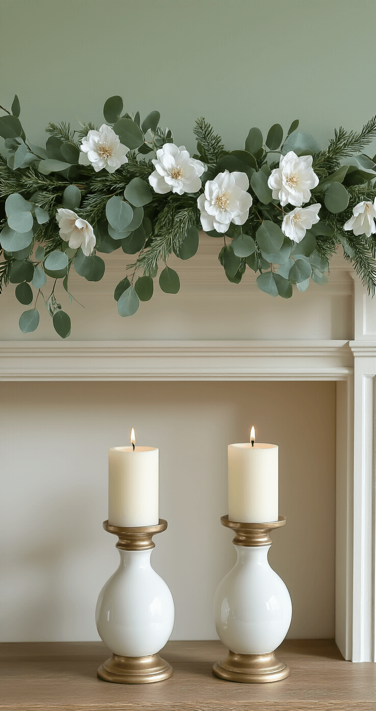 Elegant mantel styling with a eucalyptus and white flower garland on a natural wood mantelpiece, flanked by white ceramic candlesticks with brass bases, against a soft sage green wall and cream-toned fireplace, illuminated by diffused natural light.