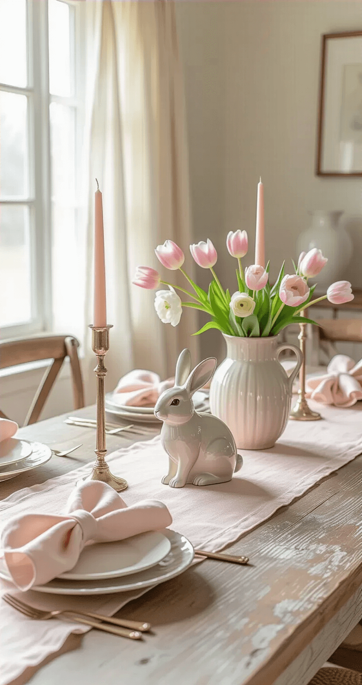 Elegant Easter dining table set with blush pink linen napkins, a pastel table runner, and a ceramic bunny centerpiece, bathed in warm morning light. Features delicate tulips and ranunculus in a tiered vase, surrounded by metallic candlesticks with pastel candles, capturing soft shadows on a weathered farmhouse table.