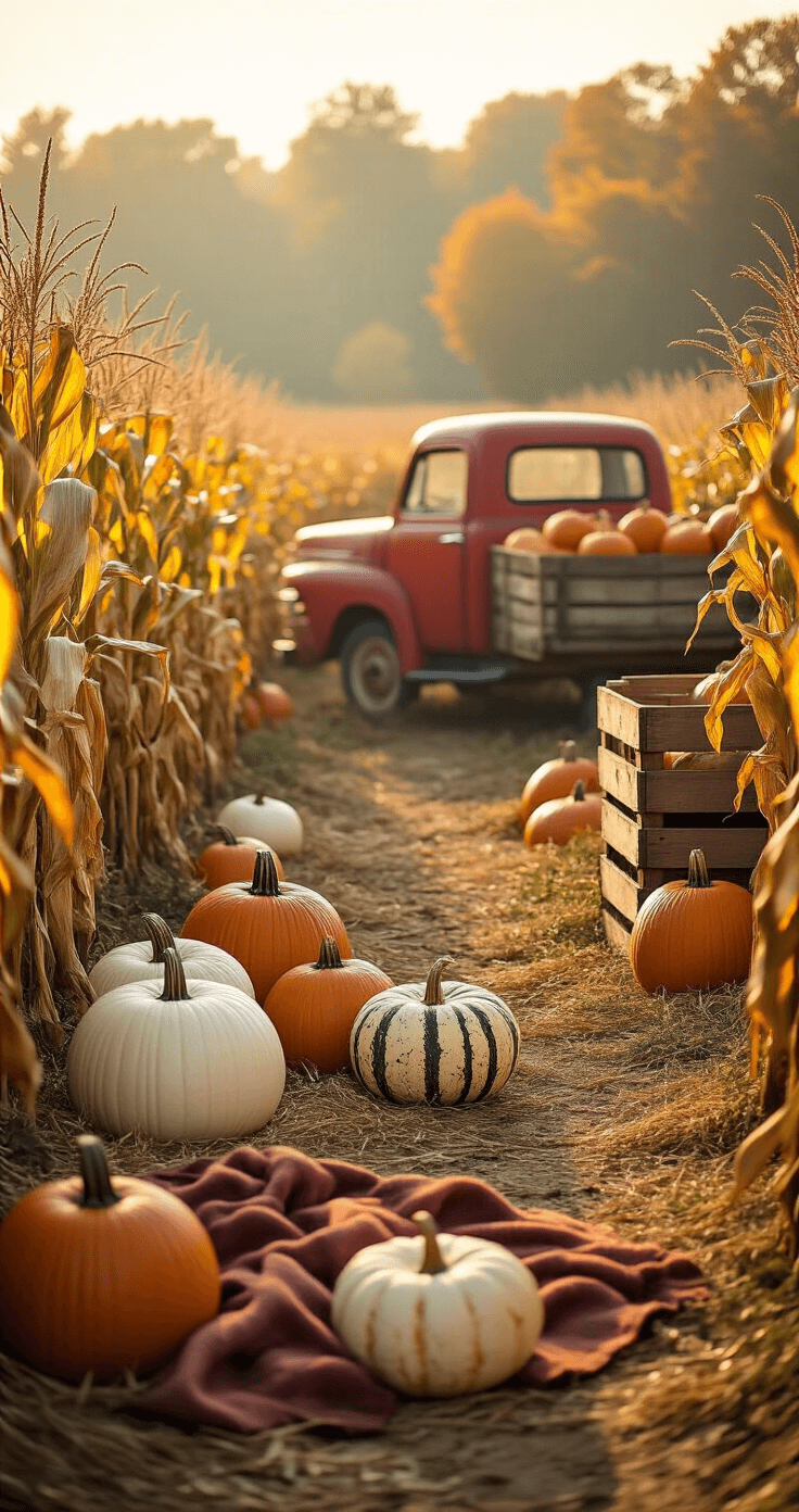 Fall Pumpkin Patch Aesthetic: How I Capture Pure Autumn Magic (And You Can Too) A picturesque golden hour scene in a rustic pumpkin patch featuring assorted pumpkins in various colors, wispy corn stalks, vintage wooden crates, and a distressed red truck loaded with gourds, all illuminated by soft afternoon sunlight casting long shadows, with a cozy wool blanket in the foreground.