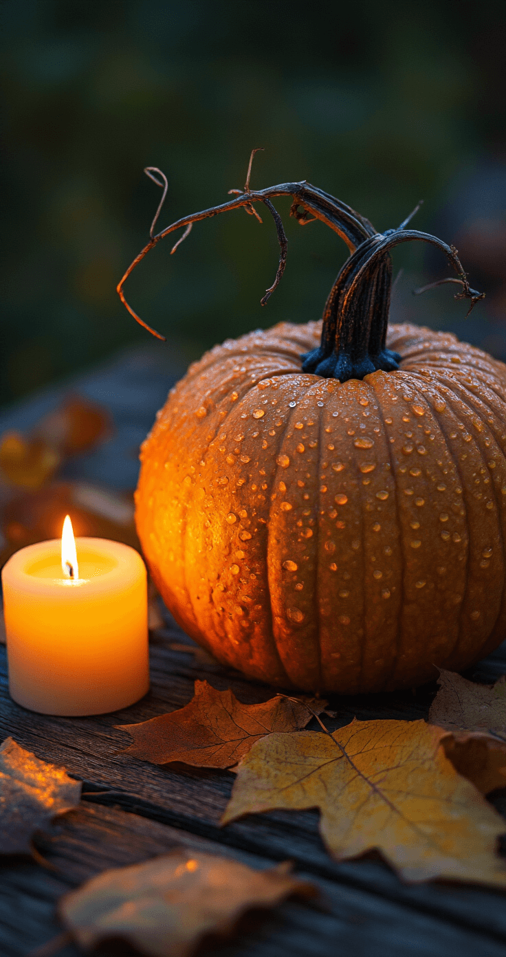 Fall Pumpkin Patch Aesthetic: How I Capture Pure Autumn Magic (And You Can Too) Close-up of a gnarled pumpkin stem with morning dew, surrounded by autumn leaves on a textured wooden surface, softly illuminated by hidden LED candles, creating a moody atmosphere with deep shadows and an amber glow.