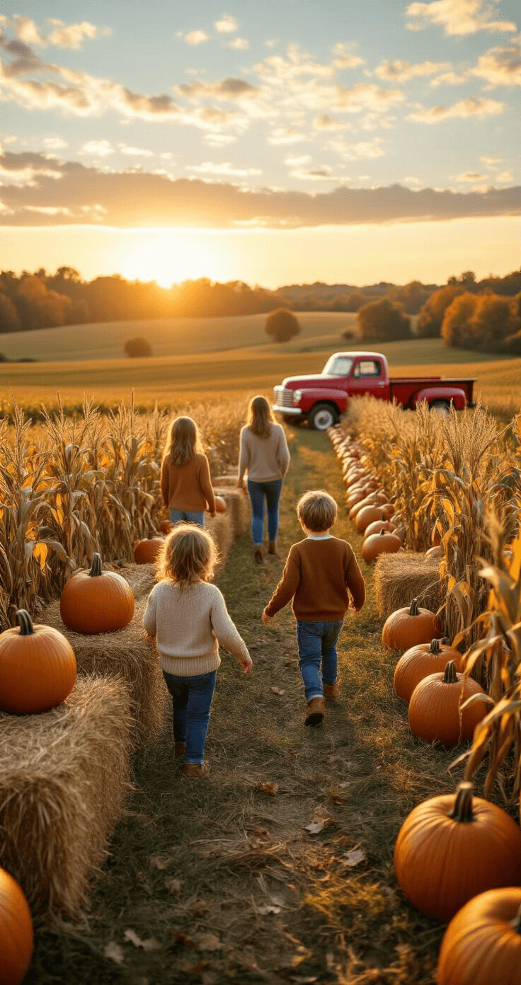 Fall Pumpkin Patch Aesthetic: How I Capture Pure Autumn Magic (And You Can Too) A cinematic aerial view of a golden hour pumpkin patch with families interacting; children in cozy sweaters wander among hay bales and corn stalks, set against a backdrop of a vintage red truck, with warm sunlight casting long shadows across the vibrant landscape.
