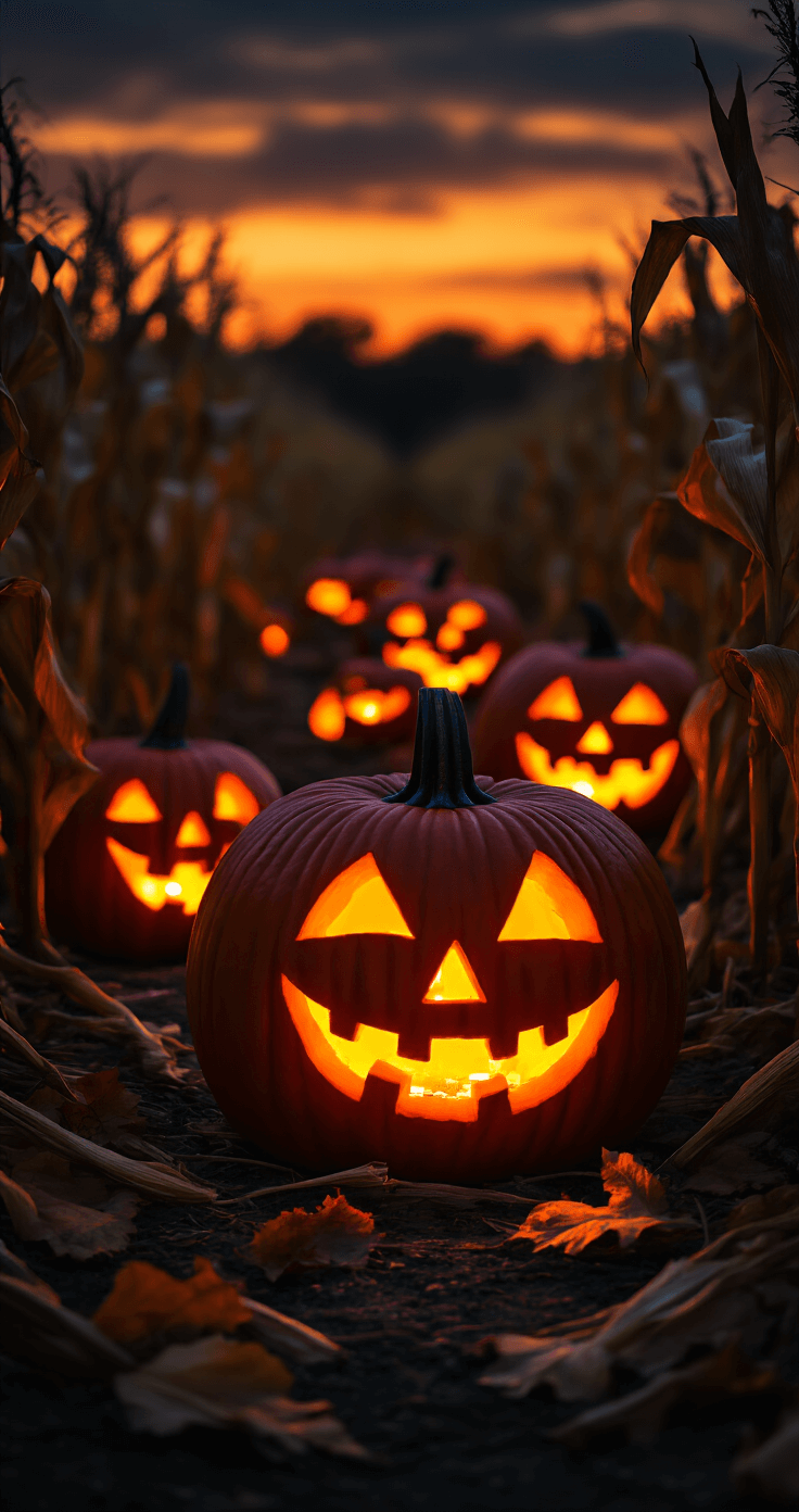 Fall Pumpkin Patch Aesthetic: How I Capture Pure Autumn Magic (And You Can Too) Moody nighttime pumpkin patch with carved jack-o'-lanterns glowing from battery-operated candles, creating intricate shadows against a dark sky, amidst scattered corn stalks and dried leaves, showcasing a deep umber, charcoal, and burnt orange color palette.