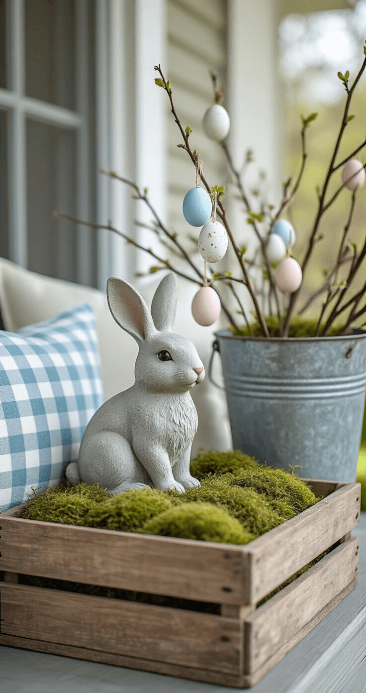 Easter Porch Decorating Ideas That'll Make Your Neighbors Jealous (Without Breaking the Bank) Close-up of a styled Easter porch corner featuring a rustic wooden crate with moss and a concrete bunny, a vintage galvanized bucket with pastel eggs, and a pale blue gingham pillow, all set in soft natural light with a dreamy atmosphere.