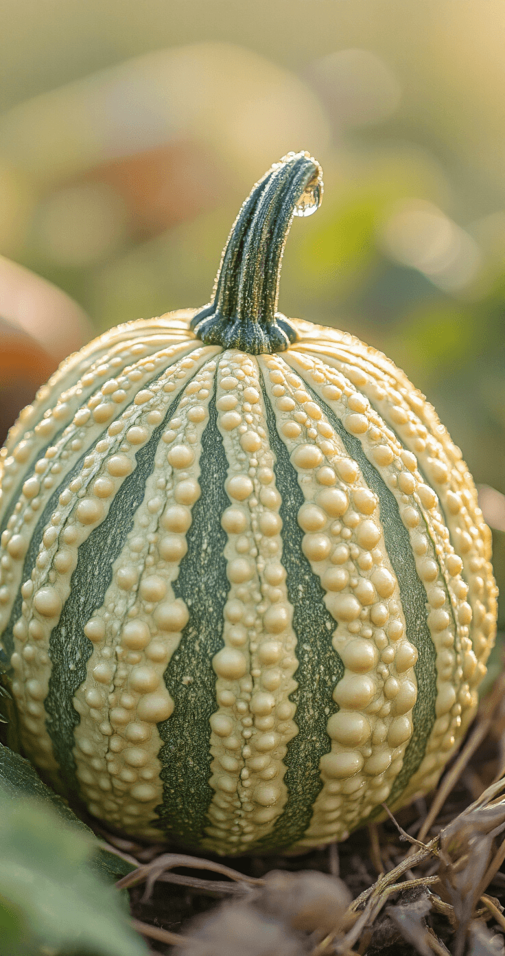 Fall Pumpkin Patch Aesthetic: How I Capture Pure Autumn Magic (And You Can Too) Close-up of an unusual gourd in a pumpkin patch, showcasing intricate striped and bumpy textures with morning dew droplets reflecting light. The background is softly blurred, featuring a muted color palette of sage green, ivory, and soft amber, emphasizing the macro details of the gourd.