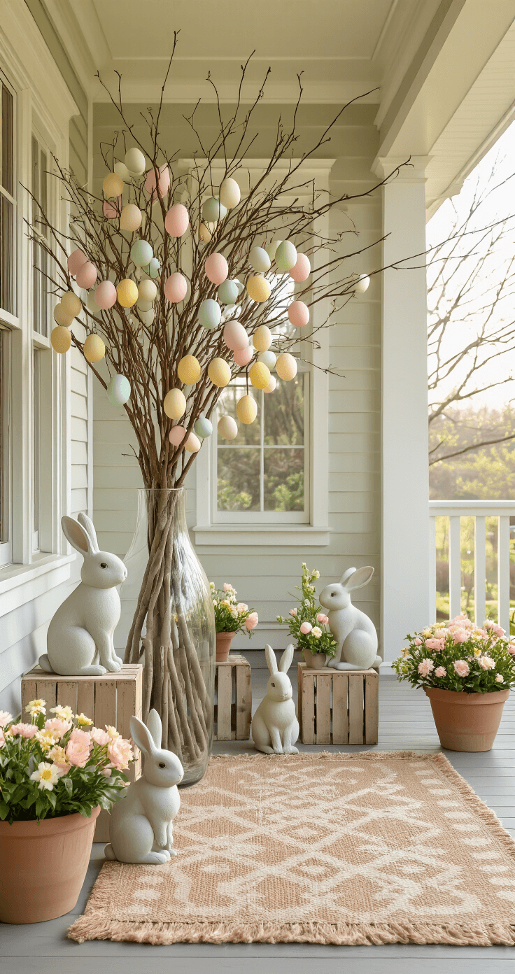 Easter Porch Decorating Ideas That'll Make Your Neighbors Jealous (Without Breaking the Bank) A beautifully styled Easter porch scene at dawn, featuring a wide wooden porch with architectural details, a tall glass vase holding a statement egg tree adorned with pastel hanging eggs, concrete bunnies on vintage crates, a jute area rug, and soft spring flower arrangements in terracotta pots, all bathed in diffused morning light.