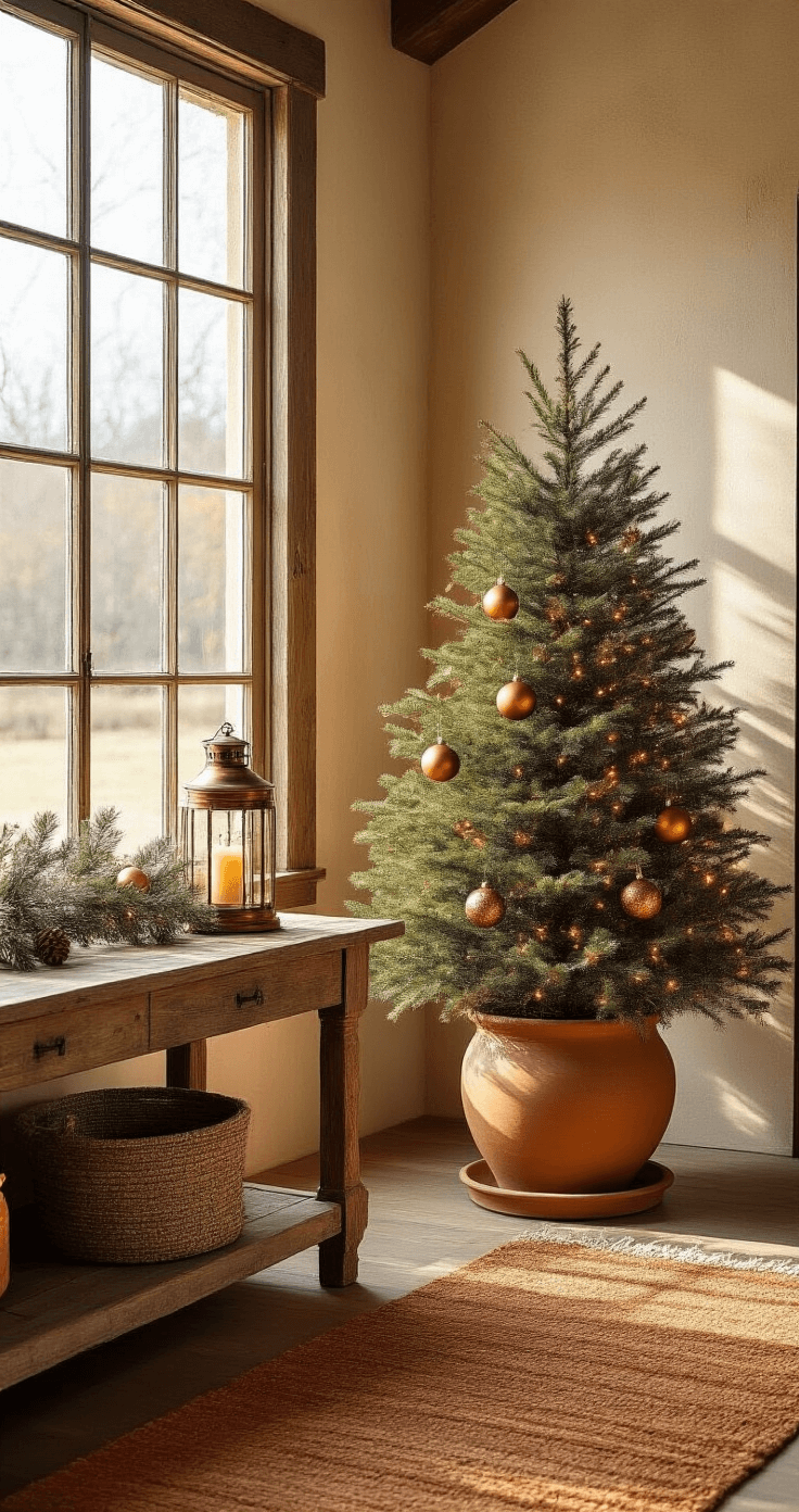 Garden Christmas Trees: Turn Your Holiday Decor Into Year-Round Living Beauty A rustic farmhouse entryway with a Gold Cone Juniper Christmas tree in a terracotta planter, decorated with copper wire lights and amber glass ornaments. Warm sunlight filters through vintage windows, casting soft shadows on textured plaster walls. The space features a reclaimed barn wood console, an antique copper lantern, and a hand-woven wool runner in burnt sienna tones, evoking a cozy holiday atmosphere.
