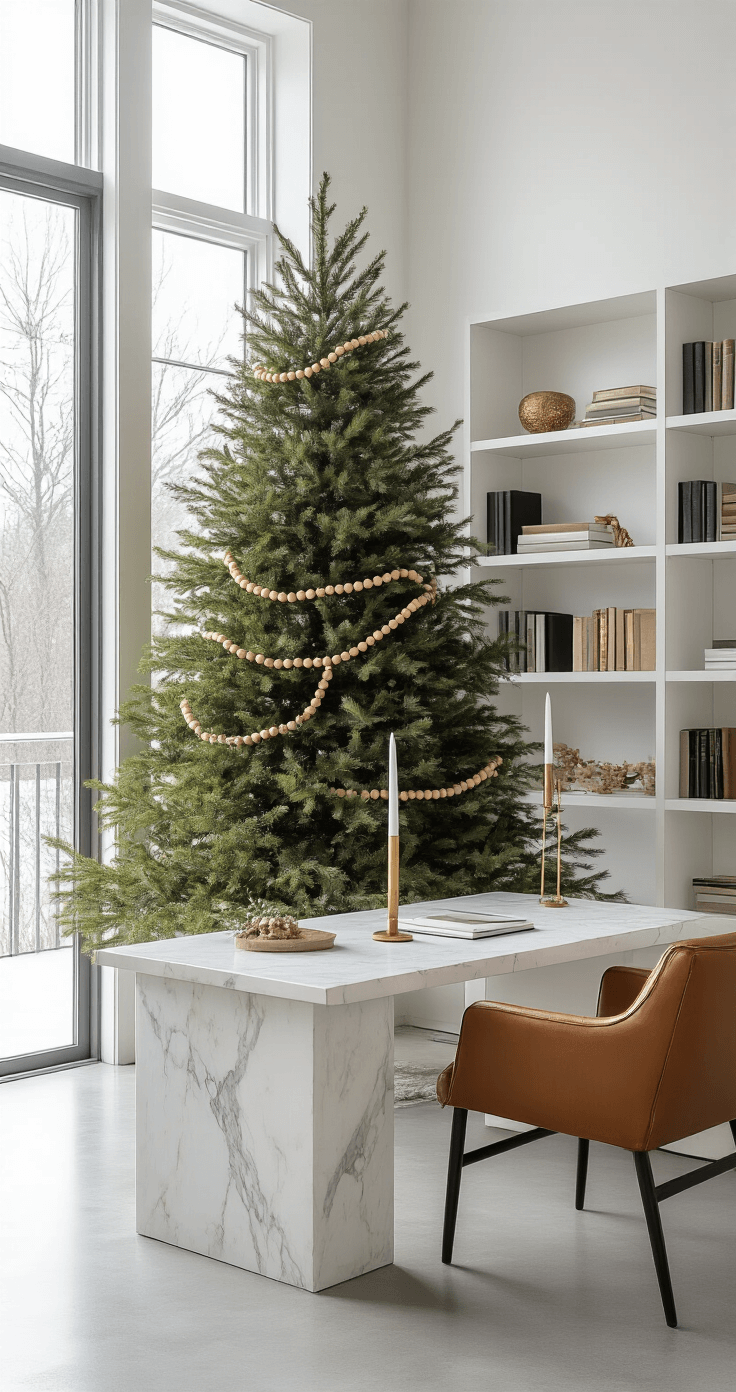 Garden Christmas Trees: Turn Your Holiday Decor Into Year-Round Living Beauty Modern minimalist home office with an Amber Gold Arborvitae as a living Christmas tree, clean white walls, polished concrete floors, and expansive floor-to-ceiling windows. Decorated with a simple wooden bead garland and brass candle holders, positioned near an architectural bookshelf, featuring a Scandinavian leather chair and a white marble desk with brass accents, in a monochromatic color scheme of whites, golds, and warm neutrals.