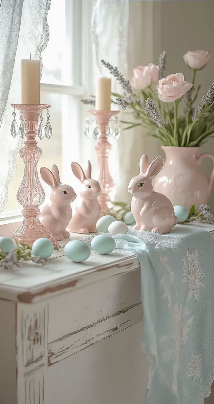 Easter Mantel Decor That'll Make Your Guests Say "Wow, Did You Hire Someone?" A pastel Easter mantel scene featuring soft pink ceramic bunnies on a distressed white mantelpiece, with a lavender and mint green egg garland, dusty rose crystal candlesticks, and a pale blue silk runner, illuminated by soft morning light filtering through lace curtains.