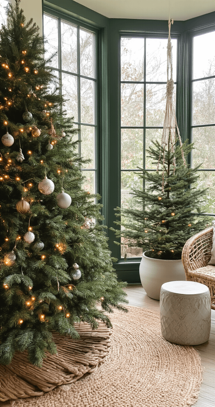 Garden Christmas Trees: Turn Your Holiday Decor Into Year-Round Living Beauty Eclectic sunroom featuring a living Christmas tree and a DIY wooden tree frame painted deep forest green, adorned with vintage glass ornaments and warm white string lights, alongside a minimalistic living tree in a large ceramic planter. The space is filled with woven rattan chairs, macrame plant hangers, and concrete side tables, all illuminated by abundant natural light through greenhouse-style windows, creating a dreamy holiday atmosphere.