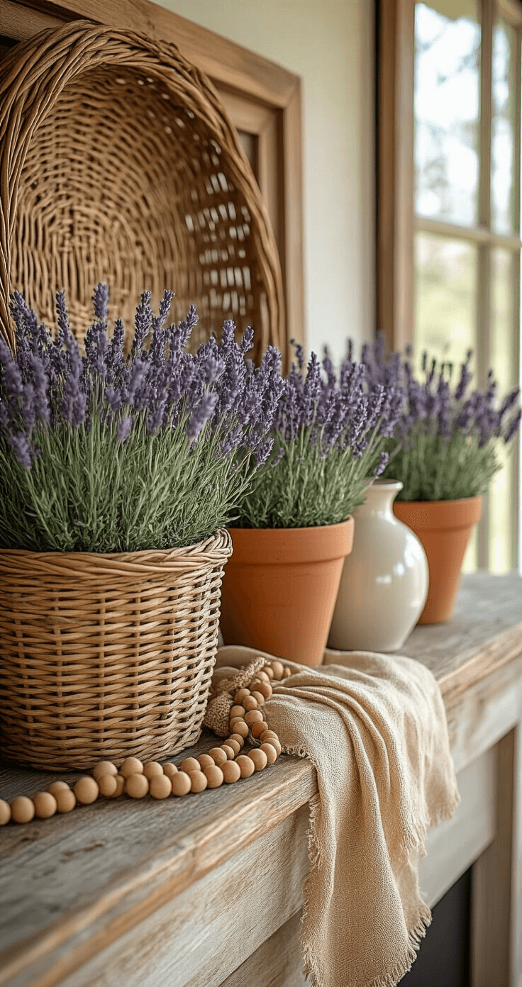 Easter Mantel Decor That'll Make Your Guests Say "Wow, Did You Hire Someone?" Rustic farmhouse Easter mantel styled with rustic elements: a weathered wooden mantel, tobacco basket backdrop, terra cotta pots filled with fresh lavender, chunky white ceramic vases, a wooden bead garland, textured burlap fabric, a vintage distressed window frame, and natural eucalyptus branches, all bathed in warm golden afternoon sunlight.