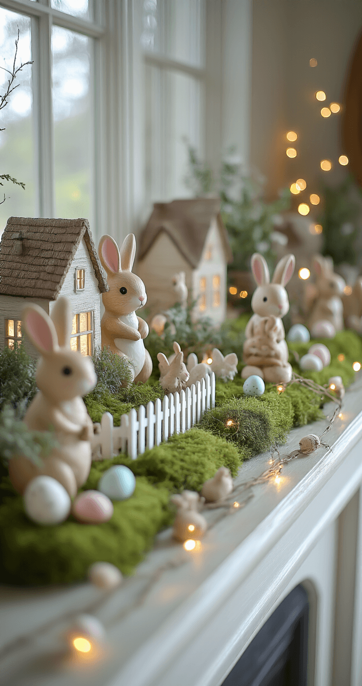 Easter Mantel Decor That'll Make Your Guests Say "Wow, Did You Hire Someone?" A whimsical mantel scene featuring ceramic and wooden bunny figurines arranged like a miniature village, with soft green moss underlayer, scattered speckled eggs, a tiny white picket fence, and a felt bunny garland adorned with fairy lights, all illuminated by gentle LED accent lighting, creating a magical atmosphere.