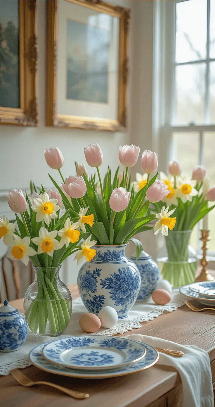 Easter Mantel Decor That'll Make Your Guests Say "Wow, Did You Hire Someone?" A beautifully arranged Easter mantel featuring blooming tulips and daffodils in various glass and ceramic vases, decorative eggs nestled among the flowers, a soft linen runner, leaning blue and white plates, gold metallic accents, and delicate lace details, all illuminated by bright spring daylight and captured in a crisp botanical photography style.