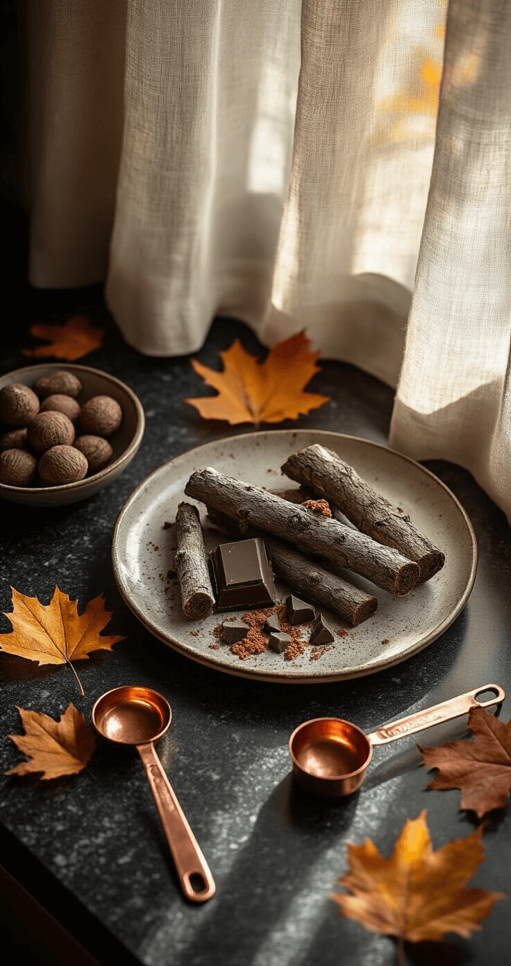 Photorealistic kitchen scene featuring a dark granite countertop bathed in soft autumn afternoon light, with vintage ceramic platter adorned with artfully scattered fall bark pieces, surrounded by fallen autumn leaves and copper measuring spoons, all presented in a warm burnt orange and deep chocolate brown color palette, captured from an overhead angle to highlight the hyper-detailed textures of chocolate and toppings.