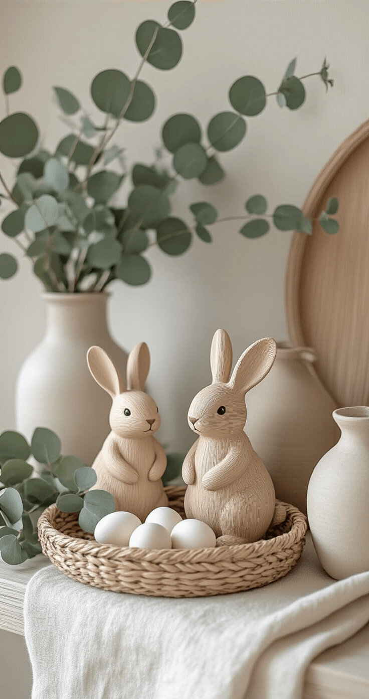 Easter Mantel Decor That'll Make Your Guests Say "Wow, Did You Hire Someone?" A minimalist Easter mantel styled with natural wooden bunnies, woven baskets, cream linen accents, and a eucalyptus garland, featuring white ceramic eggs and earthy pottery vases in soft Scandinavian morning light, showcasing a subtle olive and beige color palette and clean architectural lines.