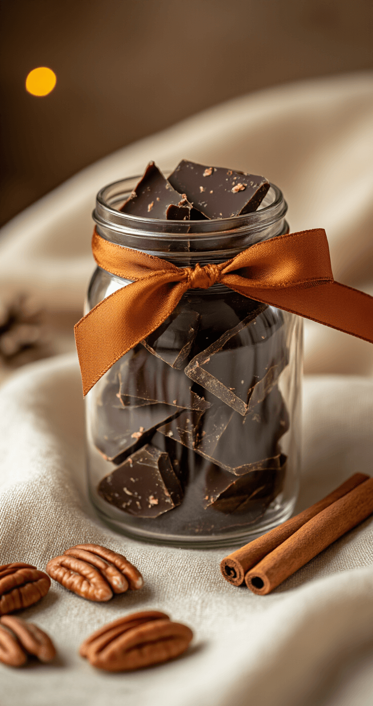 Fall Bark: The Dead-Simple Chocolate Treat That Makes You Look Like a Kitchen Genius Cozy holiday gift scene featuring artisan chocolate bark in a clear mason jar tied with a burnt sienna ribbon, set on a soft cream linen background, with scattered whole pecans and a cinnamon stick, all bathed in warm ambient lighting.