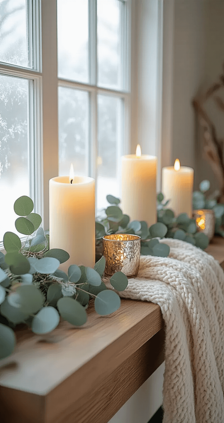 How I Transformed My Boring Mantel Into a Winter Wonderland (Without Spending a Fortune) Cinematic winter mantel scene featuring soft LED flameless pillar candles in cream and silver, draped with faux eucalyptus garland, with golden hour light filtering through frost-covered windows, a rich wooden mantelpiece adorned with a chunky knit throw and mercury glass votives, all set in a neutral color palette of whites, creams, and natural wood tones.