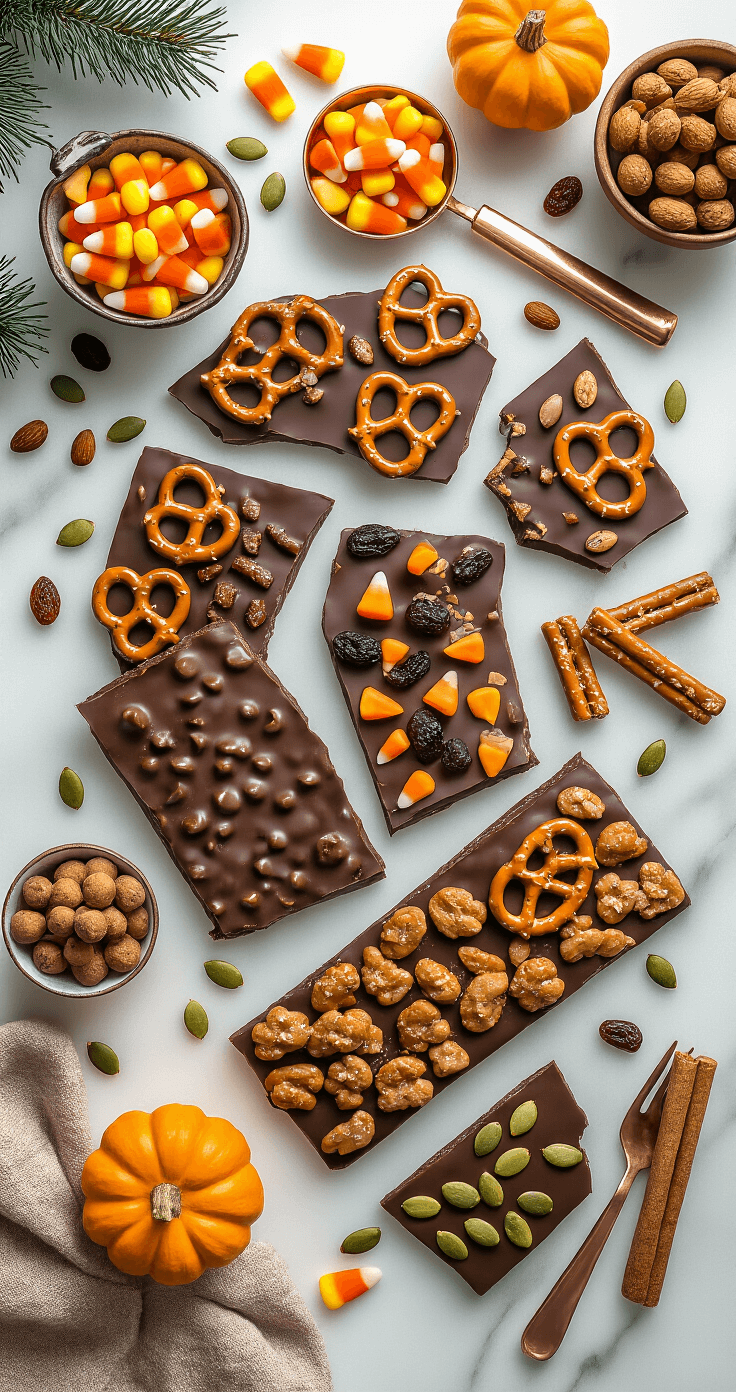 Fall Bark: The Dead-Simple Chocolate Treat That Makes You Look Like a Kitchen Genius A beautifully styled kitchen counter scene featuring various fall chocolate bark types with toppings like candy corn, pretzels, pumpkin seeds, and dried fruit, arranged on a marble surface. Copper kitchen tools and ingredients are casually placed, illuminated by soft natural window light, showcasing a warm color palette of browns and oranges from an overhead angle.