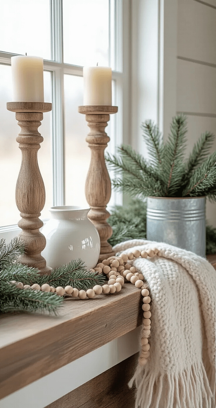 How I Transformed My Boring Mantel Into a Winter Wonderland (Without Spending a Fortune) A rustic farmhouse winter mantel featuring hand-hewn wooden candlesticks, white ceramic pieces, and a delicate wood bead garland, illuminated by soft natural light. Pine branches are arranged with fresh greenery in a galvanized metal container, surrounded by textural layers of wool, wood, and ceramic, accented with subtle gold touches. The low angle captures the horizontal composition and varied heights of the objects.
