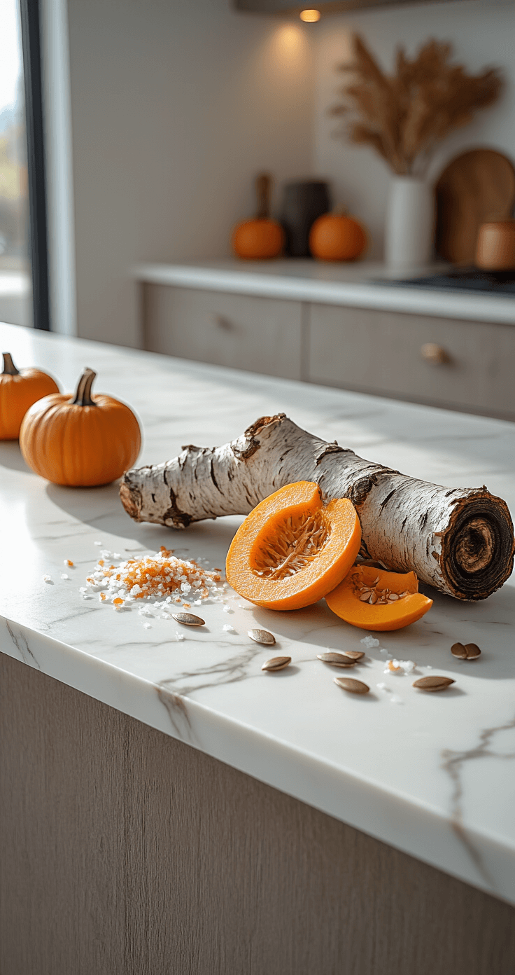Fall Bark: The Dead-Simple Chocolate Treat That Makes You Look Like a Kitchen Genius Minimalist modern kitchen featuring a sleek white marble countertop with rustic broken bark pieces, dramatic side lighting casting deep shadows, scattered roasted pumpkin seeds and sea salt flakes, styled in a professional food photography manner, highlighting hyper-realistic chocolate textures amidst a cool neutral color palette and warm bronze accents.