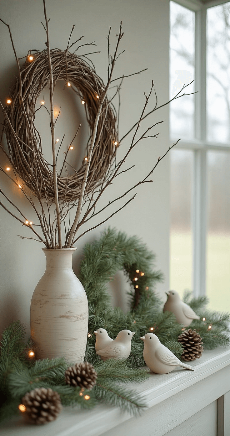 How I Transformed My Boring Mantel Into a Winter Wonderland (Without Spending a Fortune) A cozy woodland mantel scene featuring birch branches in a tall vase, a grapevine wreath leaning against the wall, soft string lights woven through greenery, scattered pine cones, and neutral-toned ceramic birds. The muted winter palette of sage, cream, and soft greys is illuminated by soft, diffused morning light, showcasing intricate details and layered textures in an organic, asymmetrical arrangement.