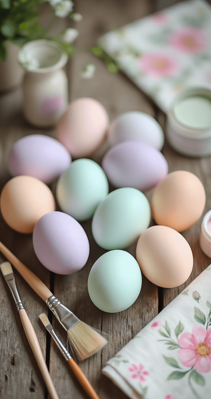 An overhead shot of hand-painted watercolor eggs in pastel shades of lavender, mint, and soft peach arranged on a reclaimed wooden surface, surrounded by watercolor brushes, Mod Podge, and floral napkin pieces, with soft natural lighting enhancing the translucent quality of the eggs and capturing a creative atmosphere.