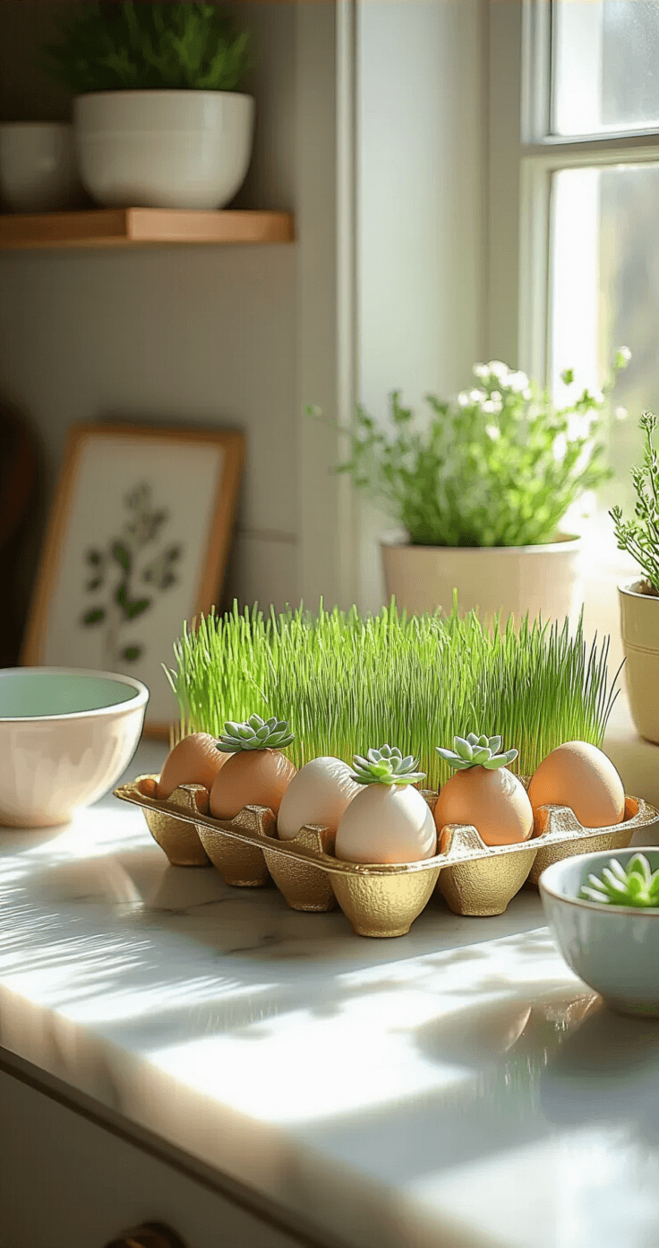 A cozy kitchen counter featuring eggshell planters with wheat grass and succulents in a gold-sprayed egg carton, illuminated by soft morning light. Pastel ceramic mixing bowls and spring botanical prints complete the whimsical, sustainable scene.