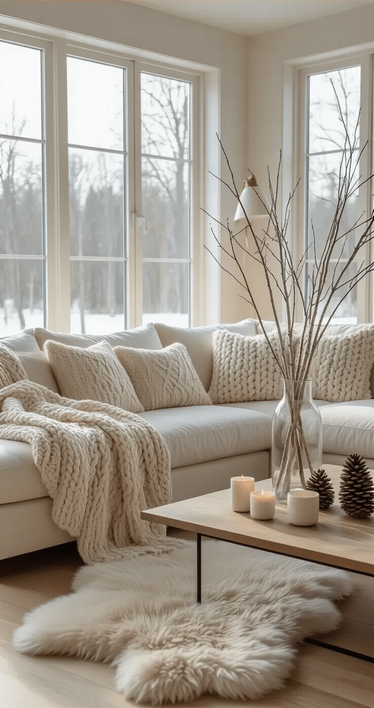 How to Transition Your Home From Christmas to Winter Decor Without Making It Look Bare A cozy minimalist living room featuring a cream sectional sofa with chunky cable knit throws, wooden floors with a sheepskin rug, a tall glass vase with birch branches, and warm white string lights creating an elegant winter atmosphere.