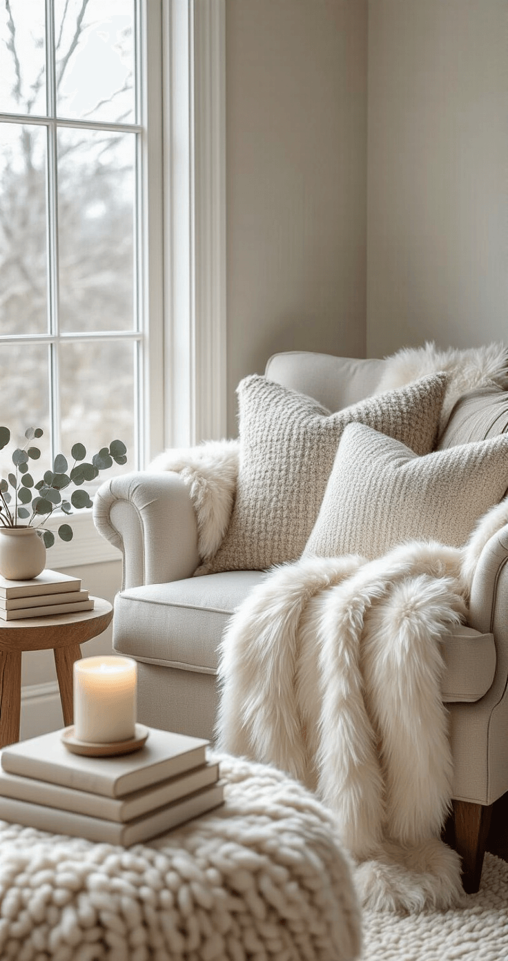 How to Transition Your Home From Christmas to Winter Decor Without Making It Look Bare A cozy bedroom corner with layered winter textiles in cream, soft gray, and warm taupe. A plush reading chair by a large window, draped with a faux fur throw and textured pillows. Natural light casts gentle shadows, illuminating a small wooden side table with neutral-toned books, a candle, and dried eucalyptus accents.