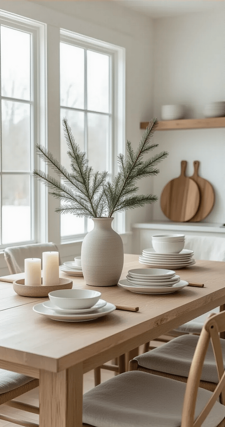How to Transition Your Home From Christmas to Winter Decor Without Making It Look Bare A serene kitchen dining area featuring a long wooden table with white candles and cedar branches, soft gray linen chair cushions, stacked white ceramic dinnerware, and wooden cutting boards against a soft white wall, illuminated by diffused natural light from large windows.