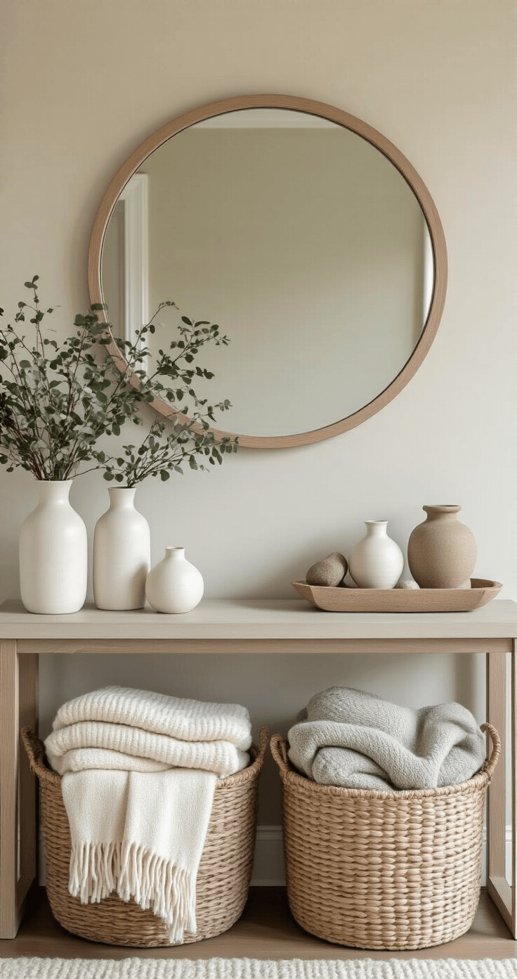 How to Transition Your Home From Christmas to Winter Decor Without Making It Look Bare An elegant winter entryway with a neutral color palette featuring a round mirror reflecting soft light, a sleek console table adorned with wool blankets, ceramic vases, and natural decor, illuminated by warm string lights.