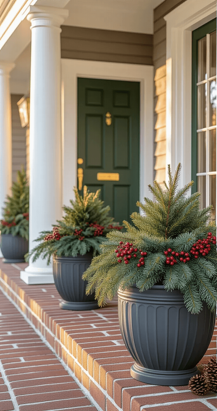 A photorealistic winter front porch scene featuring classic white columns, weathered brick steps, and a hunter green front door. Large charcoal gray ceramic planters filled with white pine, cedar, and burgundy ornamental kale create vibrant contrast, while scattered pinecones and red berry sprays add texture. Soft golden hour lighting casts warm shadows, enhancing the winter ambiance.