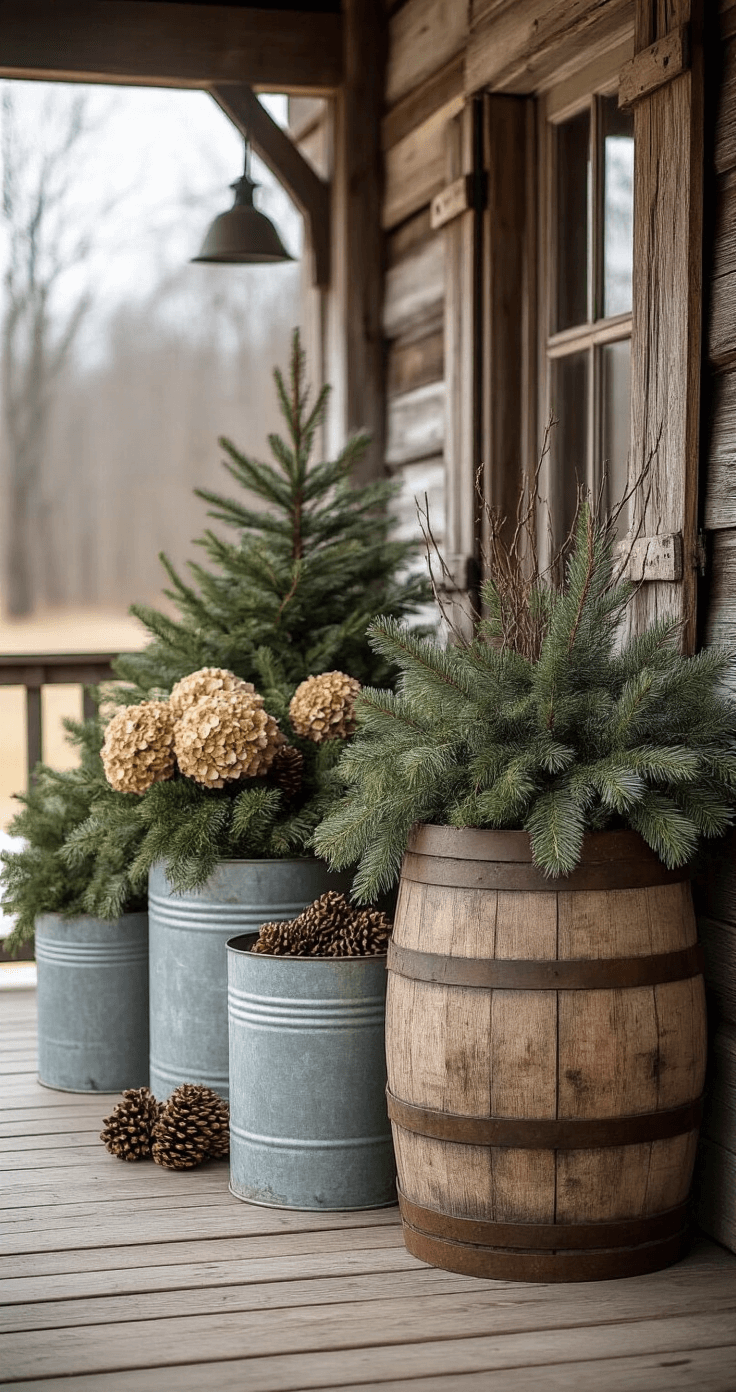 Rustic farmhouse porch adorned with evergreen arrangements in galvanized containers and whiskey barrels, featuring birch logs, dried hydrangea blooms, and pinecones, set against reclaimed barn wood siding and a vintage storm door, captured in soft, moody winter lighting.